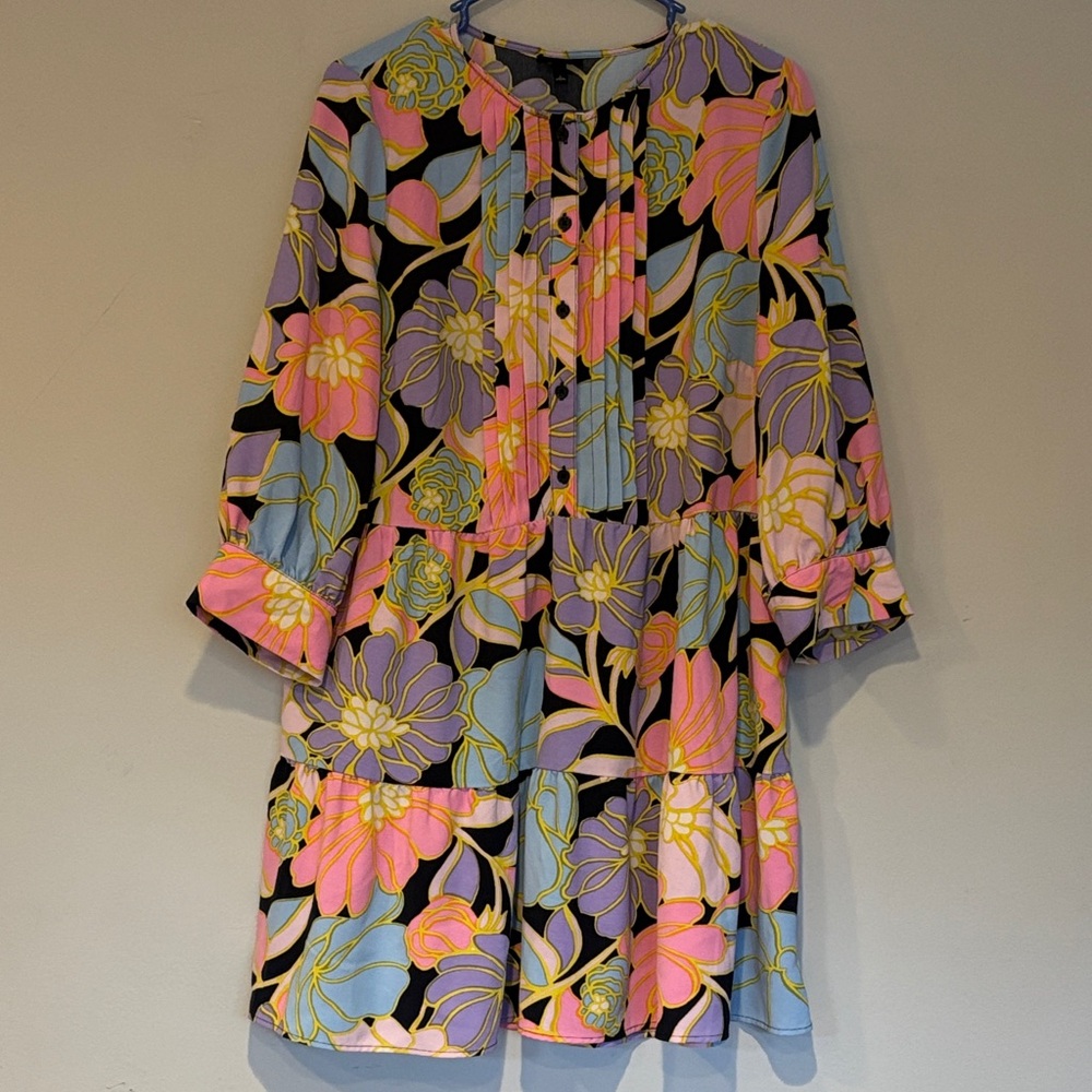 Who What Wear Black Floral Top with Lavender and Yellow Accents